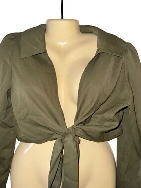 SHEIN Olive Cropped Tie-Front Shirt